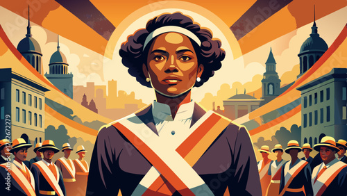 Black woman leader in ceremonial dress gazing forward, flanked by uniformed honor guard. Regal bearing in historical urban setting. Concept of: leadership, governance, heritage