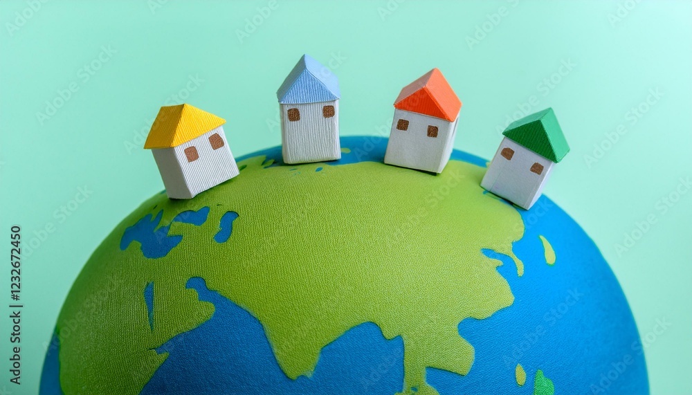 Fototapeta premium 종이로 만든 둥근 지구 위에 작은 집들이 놓인 종이인형