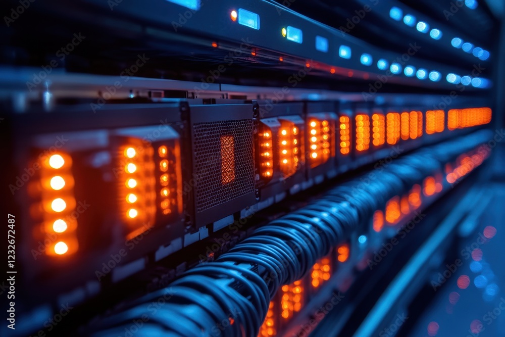 Fototapeta premium Server room filled with illuminated data racks showcasing advanced technology and intricate cable management