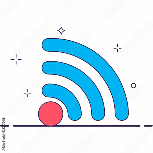 Playful WiFi signal design with blue waves and coral center point. Whimsical star accents create modern connectivity icon. Concept of: Internet service, wireless technology, network provider