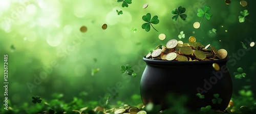 Pot of Gold at the End of the Rainbow: A black pot overflowing with gleaming gold coins sits amidst a lush green clover field, with shimmering shamrocks raining down in a magical spectacle.
