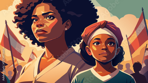 Black woman and child at protest rally, serious expressions amid crowd with flags. Looking at camera with solemn determination. Concept of family activism, generational justice