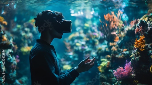 Man Using VR Headset Exploring Virtual Underwater Coral Reef