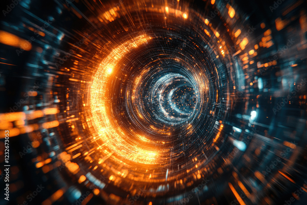 Abstract digital art depicting a swirling, luminous tunnel of orange and blue light, suggesting speed and technology. Abstract digital art depicting a swirling, luminous tunnel of orange and blue light, suggesting speed and technology.