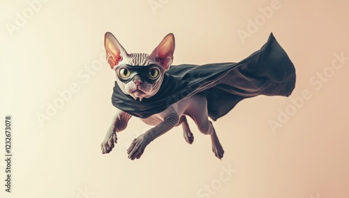 Superhero Sphynx: A hairless Sphynx cat in a black mask and cape, poised mid-flight, exudes an air of superpowered confidence. photo