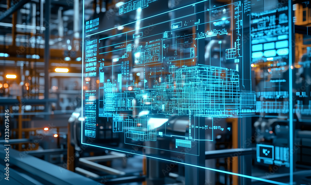 Futuristic industrial interface showcasing digital blueprints and data analytics in a modern factory setting. Futuristic industrial interface showcasing digital blueprints and data analytics in a modern factory setting.