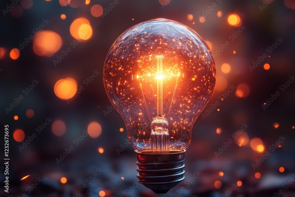 Innovative light bulb glowing amidst sparkling orange particles in a dim environment Innovative light bulb glowing amidst sparkling orange particles in a dim environment