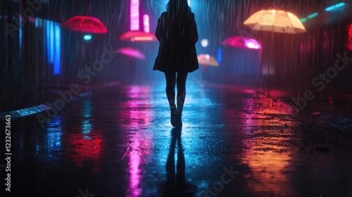 Solitude in Neon Rain: A Woman Walks Alone Through a Cyberpunk Cityscape photo