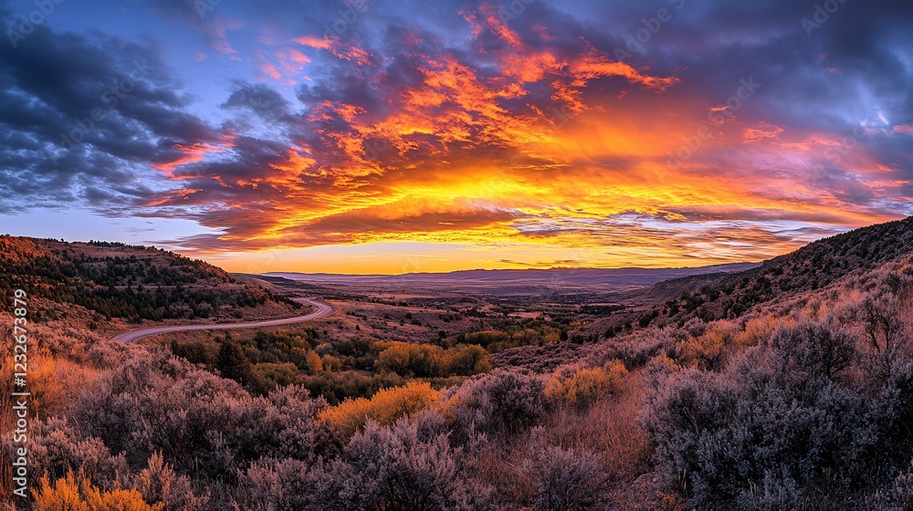 Fototapeta premium Fiery sunset over mountain road, autumn valley