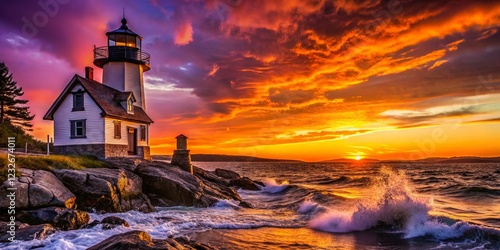 Silhouette of Dice Head Lighthouse at Sunset, Castine, Maine - Historic Coastal Landmark photo