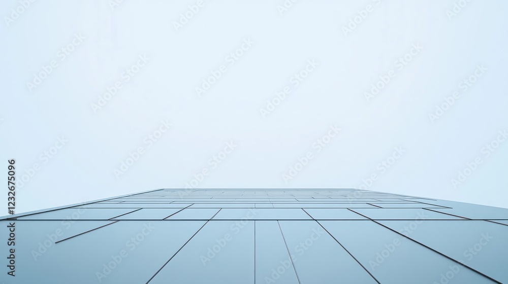 Obraz premium Low-angle view of a modern building's facade against a pale sky.