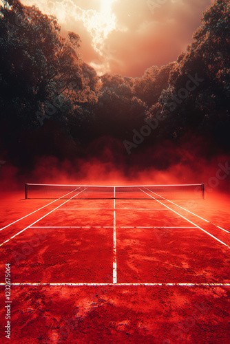 A tennis court with a net and a red background