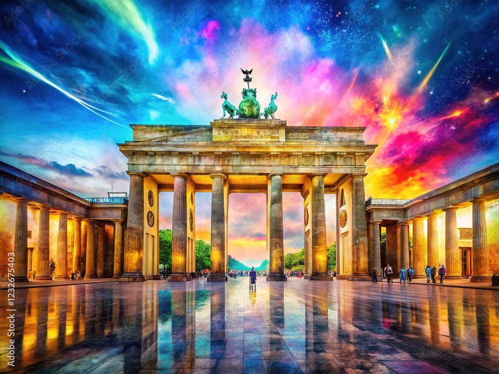 Obraz premium Brandenburg Gate, AI-enhanced double exposure, fantasy cityscape.