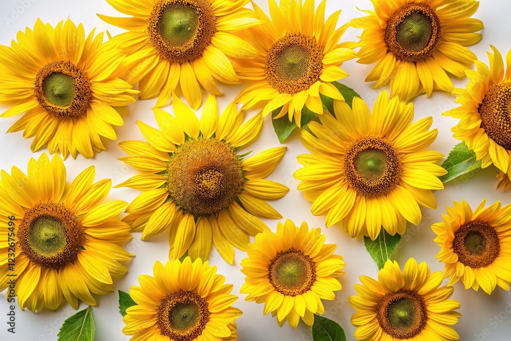 Fototapeta premium Bold sunflowers, bright against white, spotlight a fashion shoot.