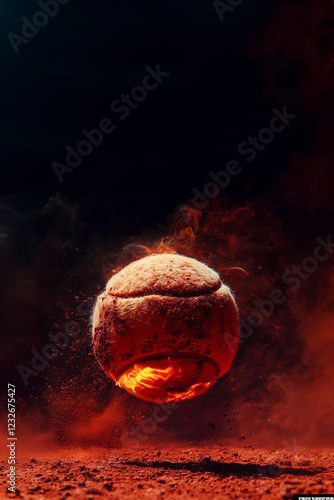 A tennis ball is in the air with smoke and fire surrounding it