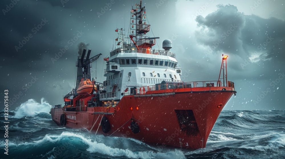 Fototapeta premium A research vessel bravely sails through turbulent waters as dark clouds loom overhead. The crew works diligently as waves crash against the hull, demonstrating commitment to ocean exploration.