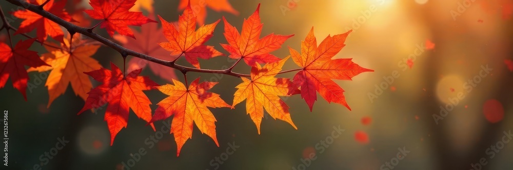 Fototapeta premium Vibrant red, orange, yellow maple leaves cluster on a branch , fall colors, landscape