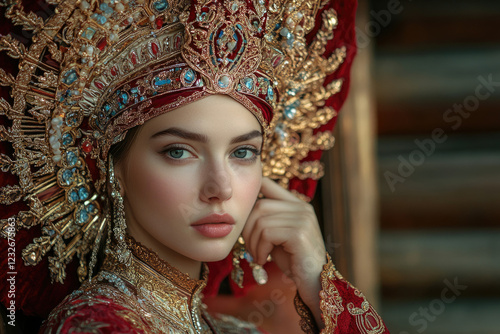 A young woman in a magnificent ornate red and gold kokoshnik headdress, a symbol of Russian tradition and beauty. photo