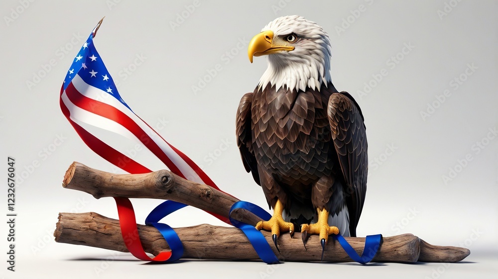 Naklejka premium Bald Eagle with American Flag and Ribbons on a Log