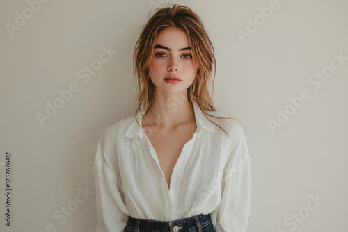 A young woman with light brown hair, wearing a white oversized shirt and dark jeans, poses against a muted beige background.