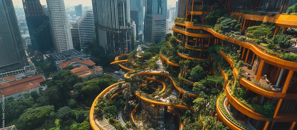 Fototapeta premium Cityscape verdant skyscraper aerial view