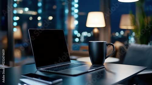 Wallpaper Mural A laptop is open on a desk with a black coffee mug next to it Torontodigital.ca
