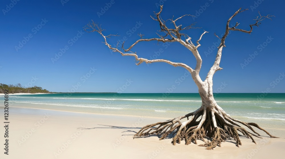 Dead tree on a pristine beach under a vibrant blue sky. Dead tree on a pristine beach under a vibrant blue sky.