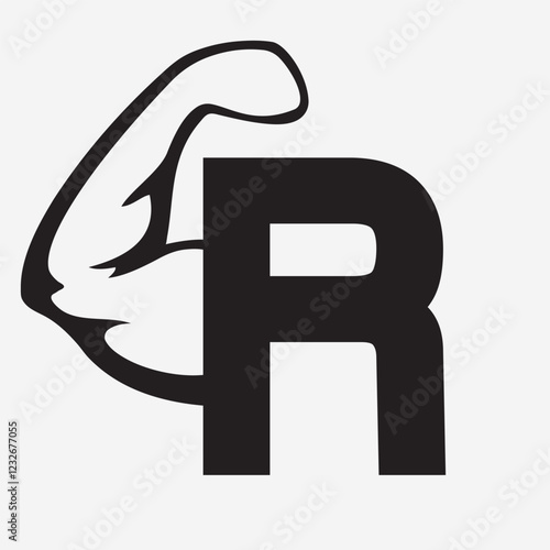 Initial Monogram Letter R Strong Logo Concept With Bicep Muscle Arm Symbol For Gym and Fitness Logotype