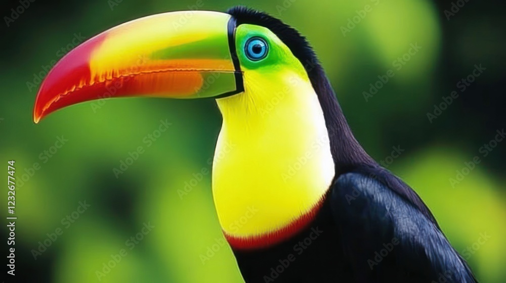 Fototapeta premium Close-up of a vibrant keel-billed toucan with a large, colorful beak against a blurred green background.