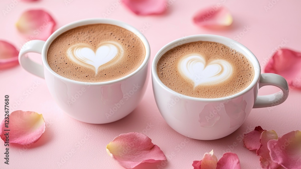 Romantic Latte Art, Two Cups of Heart-Shaped Cappuccino on Pink Background with Rose Petals Romantic Latte Art, Two Cups of Heart-Shaped Cappuccino on Pink Background with Rose Petals