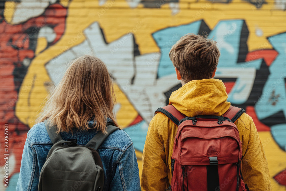 Two young people with backpacks admire a vibrant graffiti wall, showcasing urban art and youthful exploration. Two young people with backpacks admire a vibrant graffiti wall, showcasing urban art and youthful exploration.