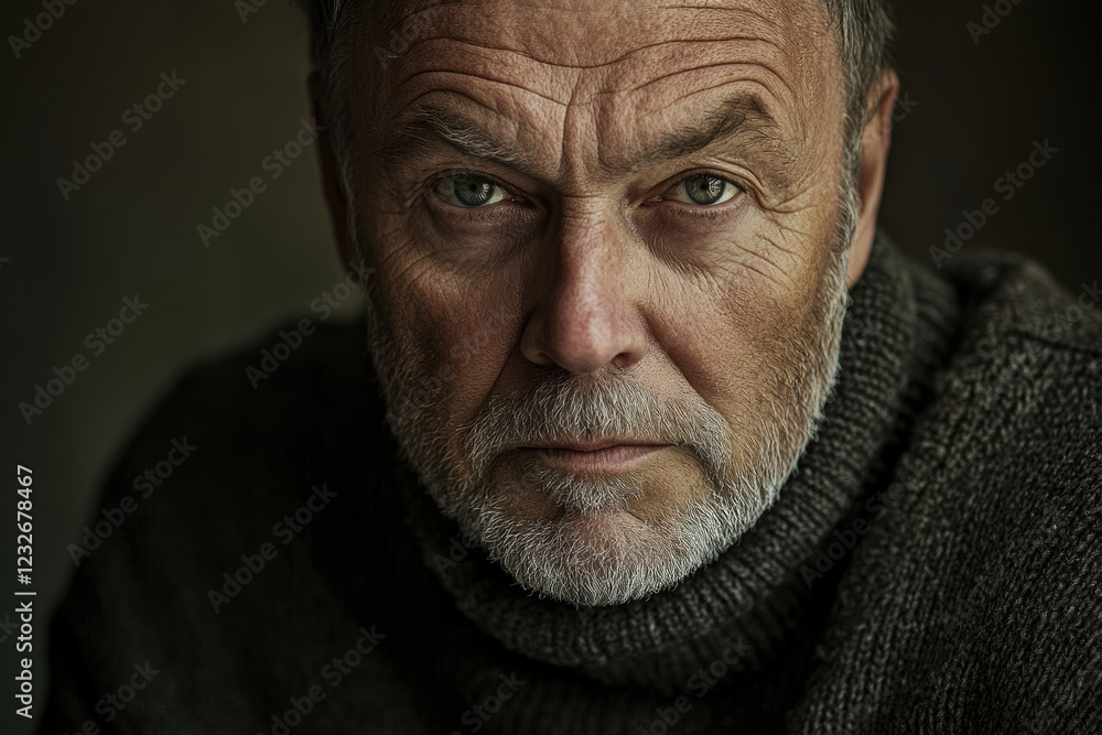 Close-up portrait of a pensive, older man with weathered face and grey beard, wearing a turtleneck sweater. Close-up portrait of a pensive, older man with weathered face and grey beard, wearing a turtleneck sweater.