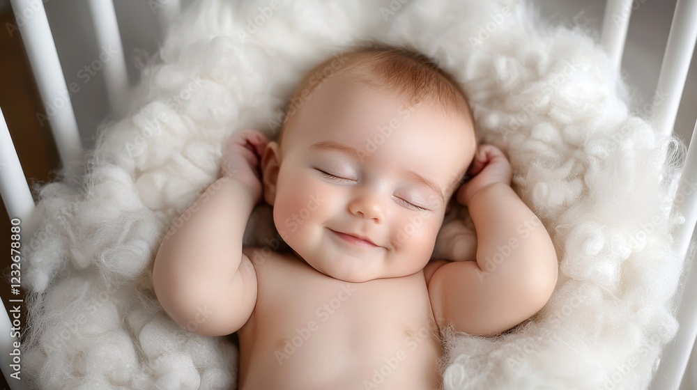 A baby is sleeping in a crib with a white blanket A baby is sleeping in a crib with a white blanket