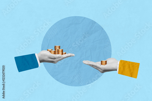 Income, Investment, economic inequality, profit and savings concept. Creative art collage of hands comparing two stacks of coins indicates different money people being paid