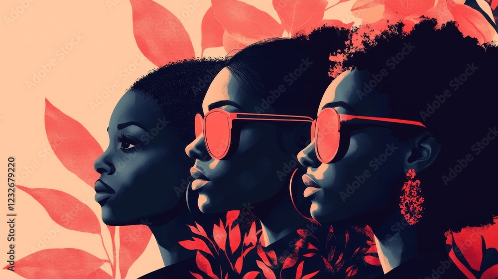 Fototapeta premium Three Black Women Portraits Red Floral Background