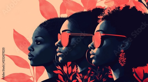 Three Black Women Portraits Red Floral Background