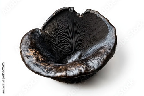 Fresh Trumpet of Death mushroom with black funnel shape on white background, isolated macro photography of rare fungi species photo