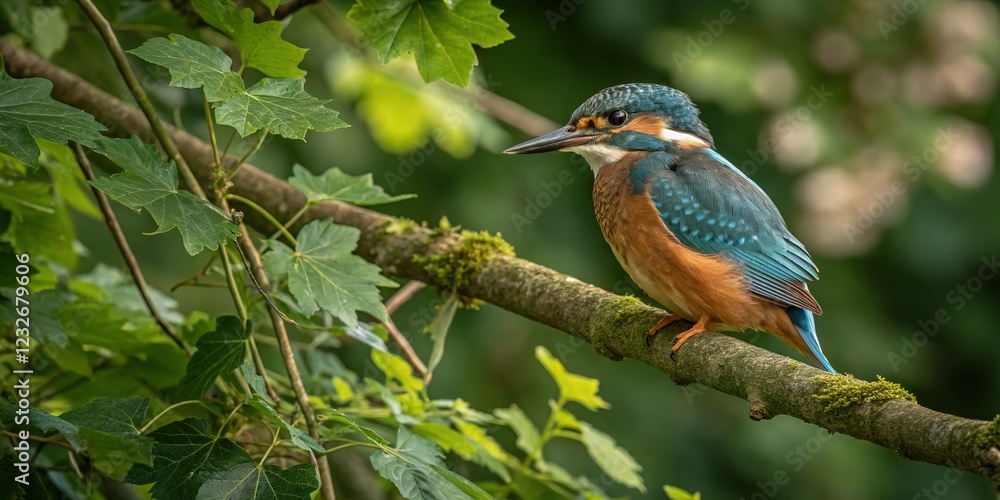 Fototapeta premium A vibrant kingfisher, portrait style, on a park branch.