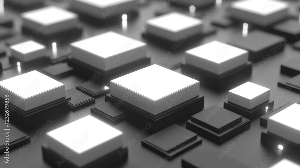Abstract grayscale pattern of illuminated squares on a dark surface. Abstract grayscale pattern of illuminated squares on a dark surface.