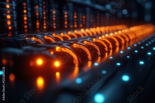 Illuminated network equipment showcasing vibrant orange and blue lights in a server room during nighttime photo