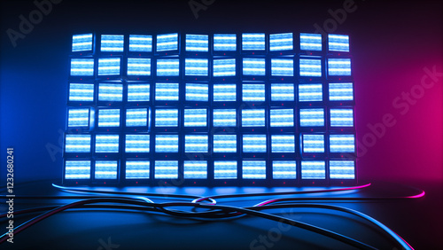 a tower with stacked televisions neon colors (3d rendering)