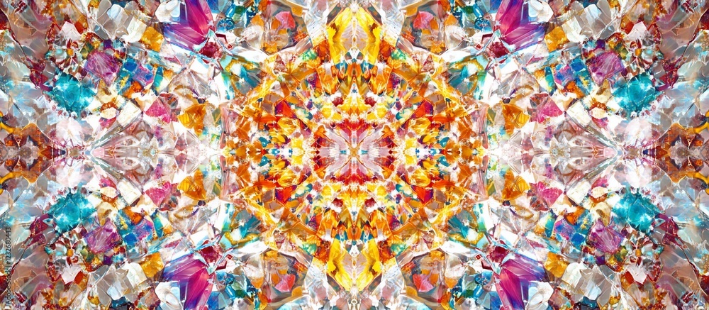 Fototapeta premium Kaleidoscopic jewel pattern; vibrant colors; symmetrical design; textile print