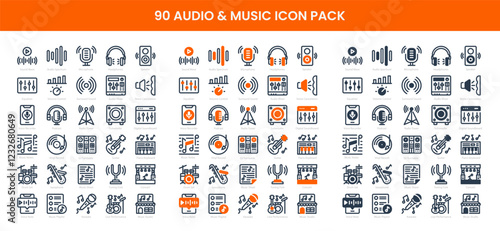 90 Audio & Music Icons in 3 Styles (Line, Solid, Two-Tone), Featuring Audio Mixer, Concert, Digital Soundboard, and More – Vector Illustrations