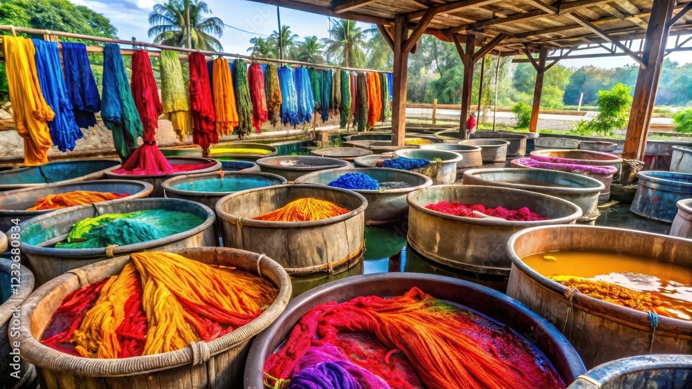 Fototapeta premium Colorful fabrics being immersed in large vats of dye on a rural farm setting