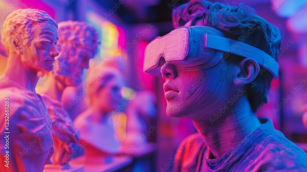 Obraz premium Young Man Wearing VR Headset Amidst Colorful Sculptures