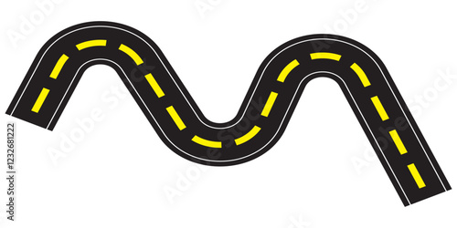 Winding road. Journey traffic curved highway. Road to horizon in perspective.Winding road vector illustration, curved highway icon, black and white road graphic, abstract transportation route, dashed 