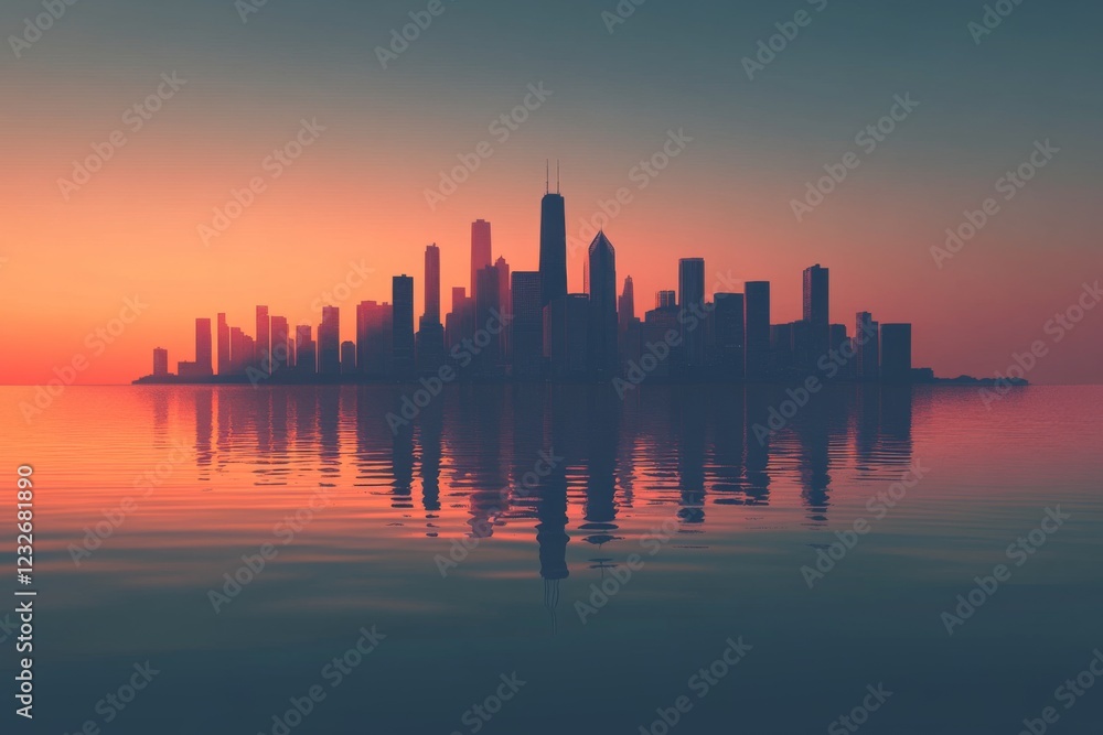 Sunset skyline reflecting over calm water Sunset skyline reflecting over calm water