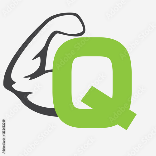 Initial Monogram Letter Q Strong Logo Concept With Bicep Muscle Arm Symbol For Gym and Fitness Logotype