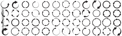 circle arrow icon set. circular arrow icon, refresh, reload. Set of circle arrows rotating on white background. Rotate arrow and spinning loading symbol. Circular rotation loading elements, redo 