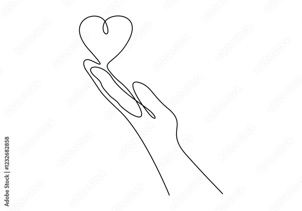 One continuous line art drawing of hands holding heart. Concept of love relationship symbol in simple linear style. Doodle vector illustration. One continuous line art drawing of hands holding heart. Concept of love relationship symbol in simple linear style. Doodle vector illustration.